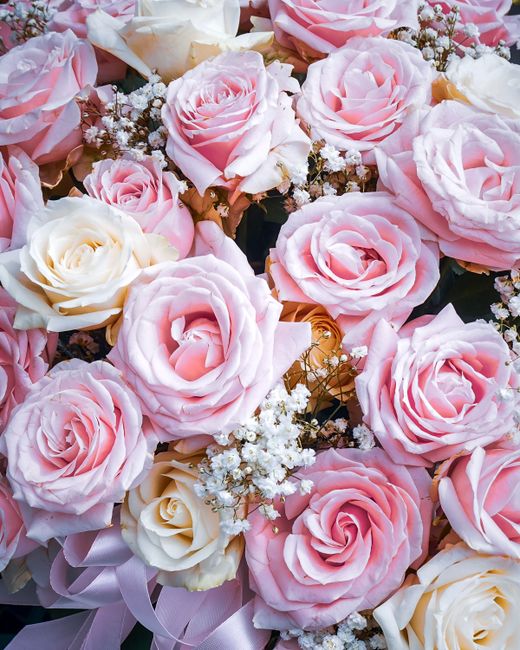 A close-up view of a floral arrangement featuring large, soft pink roses with velvety petals, complemented by smaller white roses and delicate sprigs of baby's breath. The roses are densely clustered,