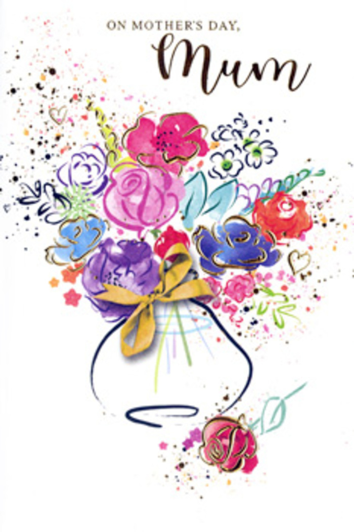 Expressive Mother's Day card design showing a vibrant, free-flowing bouquet that seems to burst from the page, painted in rich watercolour tones. At the centre, lush cerise and hot pink blossoms are brushed in generous, rounded strokes, their edges deepened with indigo and softened by nearby splashes of lavender, sky blue, and apricot. Small touches of chartreuse and leafy greens weave between the blooms, hinting at foliage without rigid detail, as if captured mid-arrangement on a busy Fortis Green flower bench. Fine golden lines trace around select petals and leaves, giving the impression of delicate gilding and echoing the warm glow of late-afternoon light over nearby tree-lined avenues. The bouquet sits in a gently curved vase suggested with loose washes of colour, its base adorned with a tidy gold bow that conjures the feel of satin ribbon tied by an experienced florist. Surrounding the main composition, scattered flecks of paint and subtle heart motifs float across the white background, like petals and confetti drifting in the air. The whole card feels like an artist's love letter to motherhood-joyful, heartfelt, and slightly whimsical-perfect for pairing with a locally crafted bouquet from Florist Fortis Green, whether delivered to a cosy home near Muswell Hill Broadway or a quiet street off Fortis Green Road.