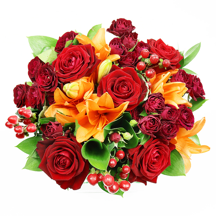 From a bird's-eye perspective against pure white, this opulent hand-tied bouquet reads as a compact jewel - a deliberate, densely packed circle of dramatic reds, bright oranges and vivid greens. The composition centres on several large, fully blossomed deep red roses whose velvety petals unfurl with graceful symmetry, conveying passion and timeless romance. Interspersed are unmistakable orange Asiatic lilies with trumpet-shaped petals, some presenting open faces and prominent stamens, others captured in the elegant suspense of tight buds; these lilies bring sculptural form and a warm, energetic burst to the grouping. Nestled among them are many small, dark burgundy spray roses whose clustered, miniature blooms add rich, layered depth and a plush texture that complements the full roses. Bright red hypericum berries appear throughout, their glossy, spherical forms catching highlights and adding festive, tactile detail. The backing foliage - broad, glossy leaves that read as ruscus or salal - provides a cooling, verdant framework that enhances volume and frames the warm tones. Soft, even studio lighting accentuates the velvety surfaces and subtle tonal shifts across petals without harsh shadows. The bouquet emits a blended scent profile of rose sweetness and the lily's spicy-citrus lift, ideal for marking a romantic anniversary, a celebratory gathering, or as a thoughtful welcome to a new home near Muswell Hill. Crafted by local hands at Florist Fortis Green, this arrangement feels both opulent and approachable - a floral statement well suited to delivery across Fortis Green and neighbouring streets.