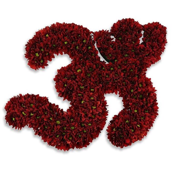 A carefully composed floral numeral displaying the number '33,' assembled from hundreds of small, deep burgundy button chrysanthemums that create a sumptuous, velvety surface. Each individual bloom sits tightly against its neighbour so the two curving threes read as solid, tactile forms: the petals form concentric rosettes in a tone that recalls ripe cranberry and burnished garnet. Tiny, bright green centres punctuate the sea of red, their cool contrast adding life and dimensional texture-small punctuation marks that keep the silhouette lively rather than flat. The arrangement rests on a pure white field under soft, even studio light, producing a gentle gray shadow that lifts the figures from the page and gives a sense of quiet elevation. The overall mood suggests celebration, remembrance, or a milestone moment-a 33rd birthday, an anniversary, or a commemorative tribute-crafted with the care of a neighbourhood florist. As someone who arranges blooms for homes along Fortis Green Road and deliveries to Muswell Hill and East Finchley, I picture this piece greeting guests at a local hall or photo-shoot by Alexandra Park; its colourway reads as formal yet warm. Florist Fortis Green would prepare such a sculpture with freshly grown chrysanthemums, ensuring compact heads and sturdy stems that hold their shape throughout the day. The texture, colour, and subtle shadowing combine to form a statement that is both celebratory and composed, designed to convey significance without flashiness.